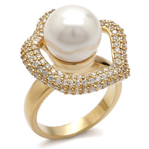 Alamode Gold Brass Ring with Synthetic Pearl in White - Flyclothing LLC