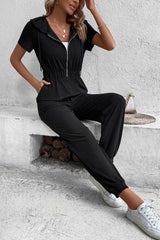 Zip-Up Short Sleeve Hooded Jumpsuit with Pockets - Flyclothing LLC