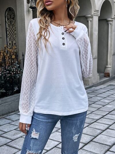 Quarter Button Round Neck Long Sleeve Blouse - Flyclothing LLC