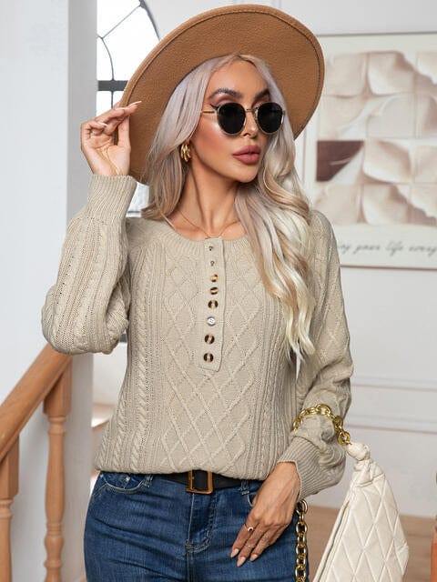 Cable-Knit Round Neck Buttoned Sweater - Trendsi