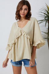 Ruffled V-Neck Half Sleeve Blouse - Flyclothing LLC