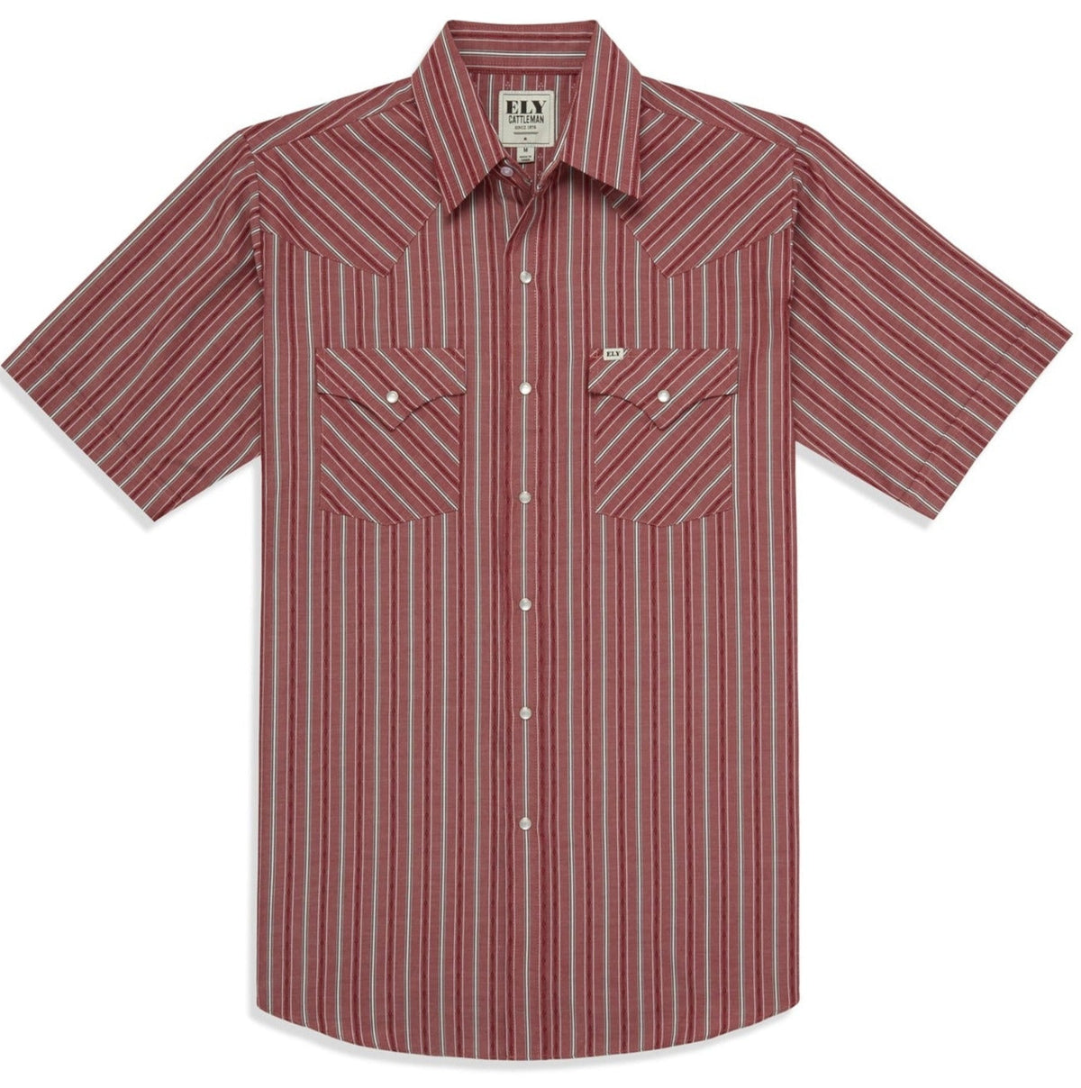 Men's Ely Cattleman Short Sleeve Americana Dobby Stripe Western Snap Shirt- Blue & Red - Flyclothing LLC