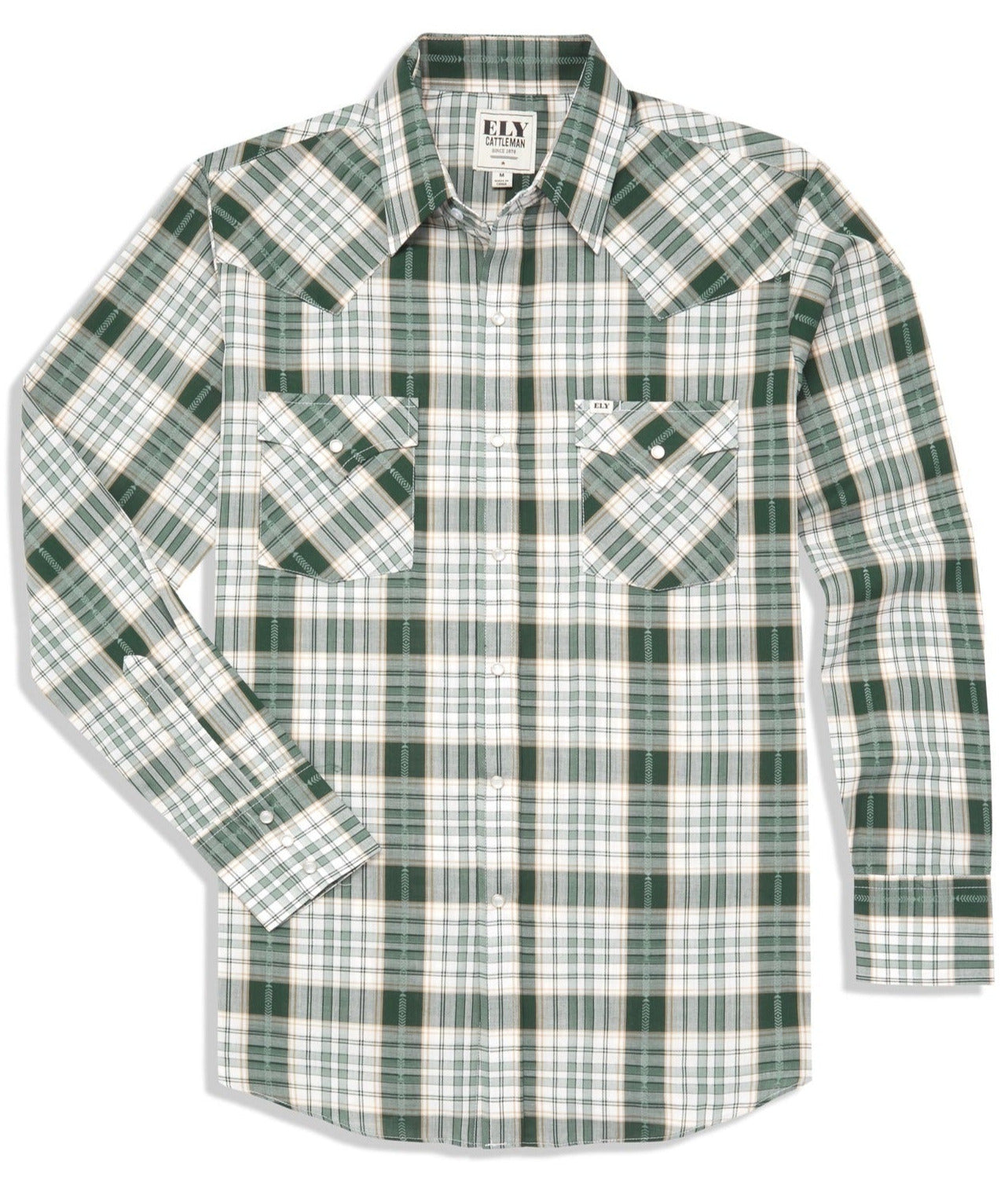 Men's Ely Cattleman Long Sleeve Textured Aztec Plaid Western Snap Shirt-Black & Hunter Green - Flyclothing LLC