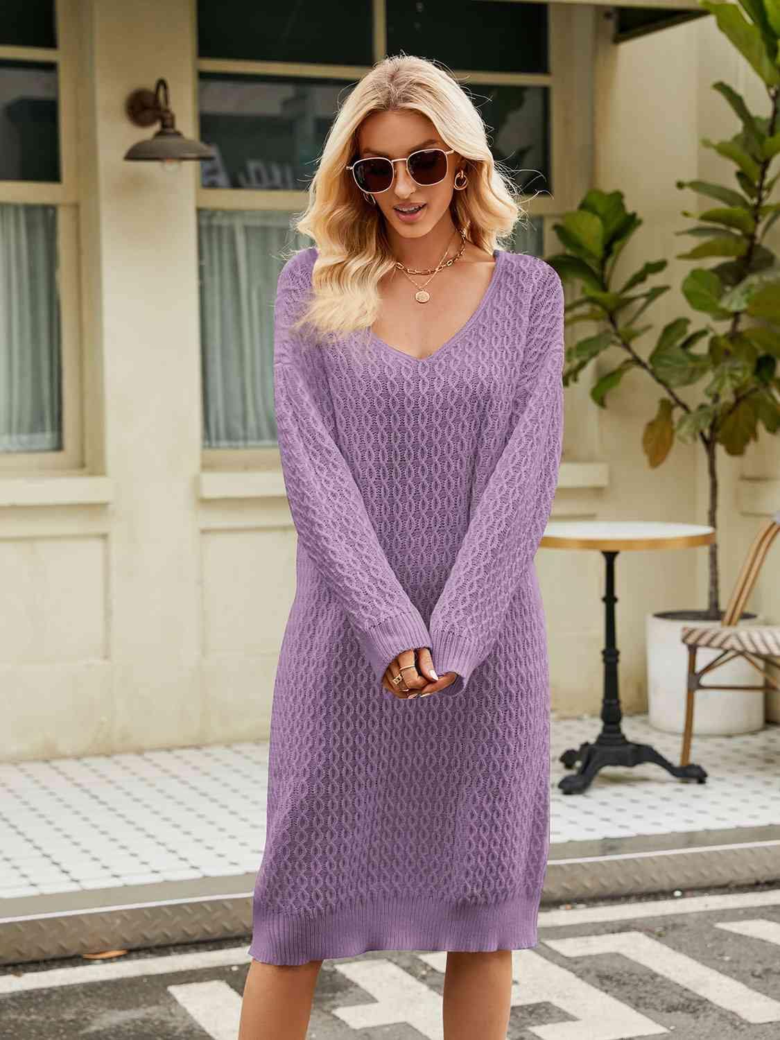 V-Neck Long Sleeve Sweater Dress - Flyclothing LLC