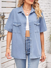 Collared Neck Short Sleeve Denim Jacket - Flyclothing LLC