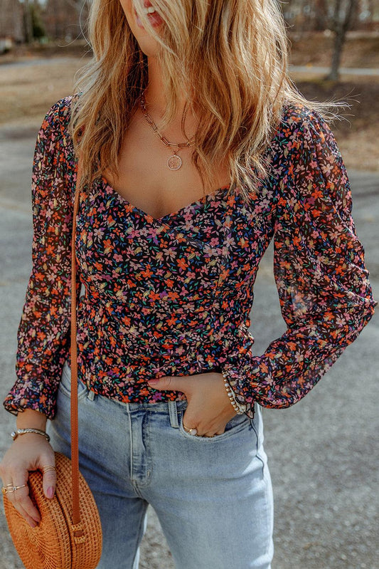 Floral Long Flounce Sleeve Blouse - Flyclothing LLC