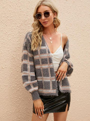 Open Front Plaid Long Sleeve Cardigan - Flyclothing LLC