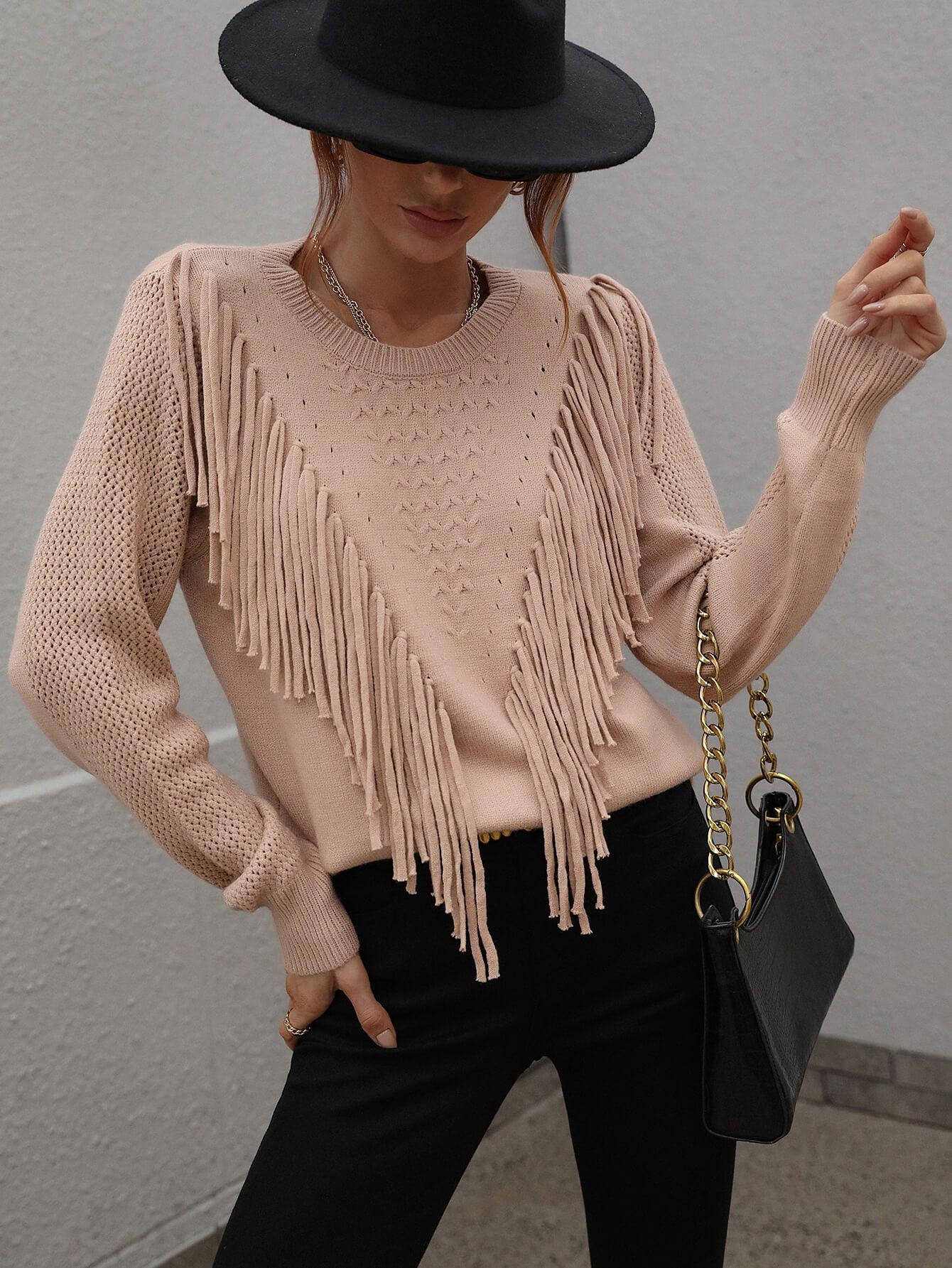 Fringe Detail Ribbed Trim Sweater - Flyclothing LLC