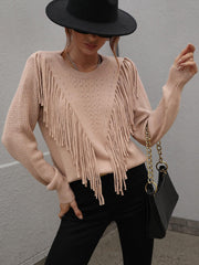 Fringe Detail Ribbed Trim Sweater - Flyclothing LLC