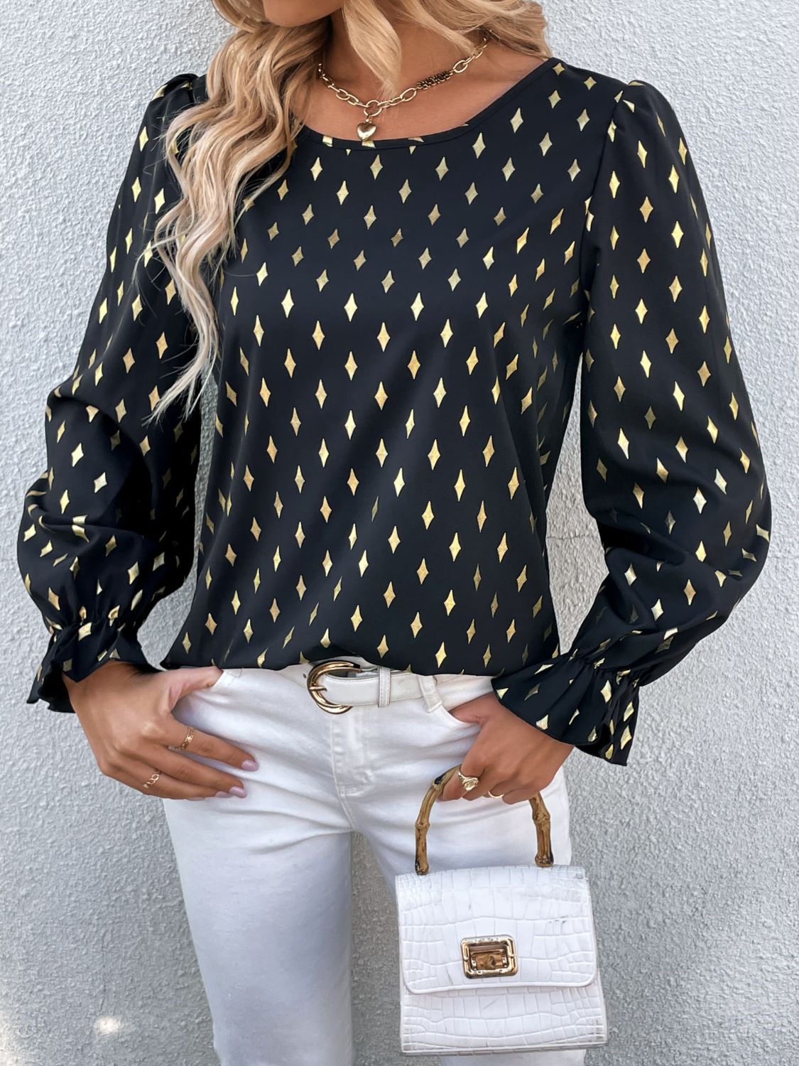 Printed Round Neck Flounce Sleeve Blouse - Flyclothing LLC