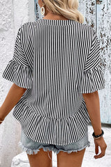 Striped Asymmetrical Flounce Sleeve Blouse - Flyclothing LLC