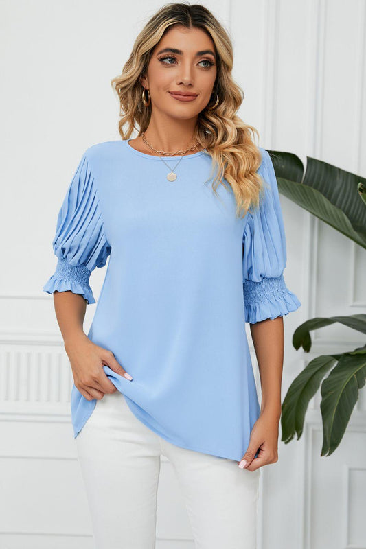 Pleated Flounce Sleeve Keyhole Blouse - Flyclothing LLC