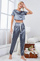 Satin Short Sleeve Crop Top and Joggers Lounge Set - Flyclothing LLC