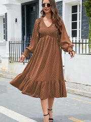 Swiss Dot V-Neck Smocked Lantern Sleeve Ruffle Hem Dress - Flyclothing LLC