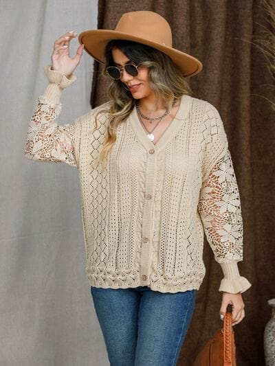 Eyelet Button Up Lantern Sleeve Cardigan - Trendsi