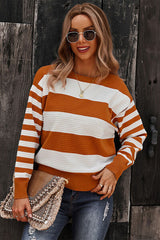 Striped Round Neck Dropped Shoulder Sweater - Flyclothing LLC