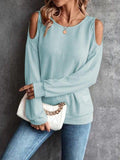 Round Neck Cold-Shoulder Waffle-Knit Top - Trendsi