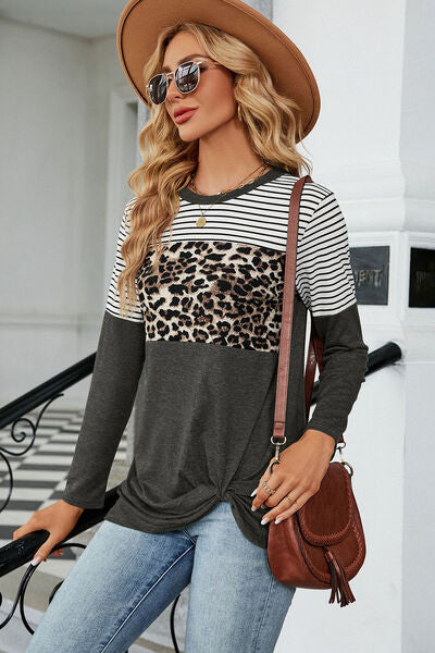 Leopard Striped Round Neck T-Shirt - Flyclothing LLC