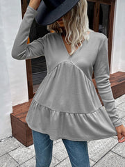 Waffle-knit V-Neck Long Sleeve Blouse - Flyclothing LLC