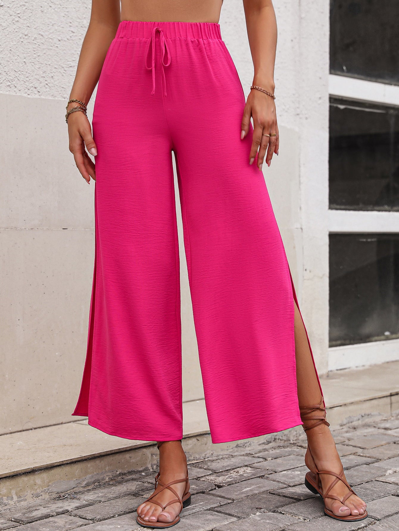 High Waist Slit Wide Leg Pants - Flyclothing LLC