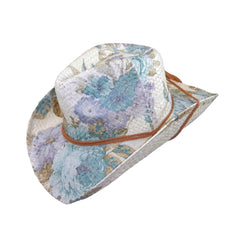 Floral Violet & Green Print Straw Western Cowgirl Hat - Flyclothing LLC