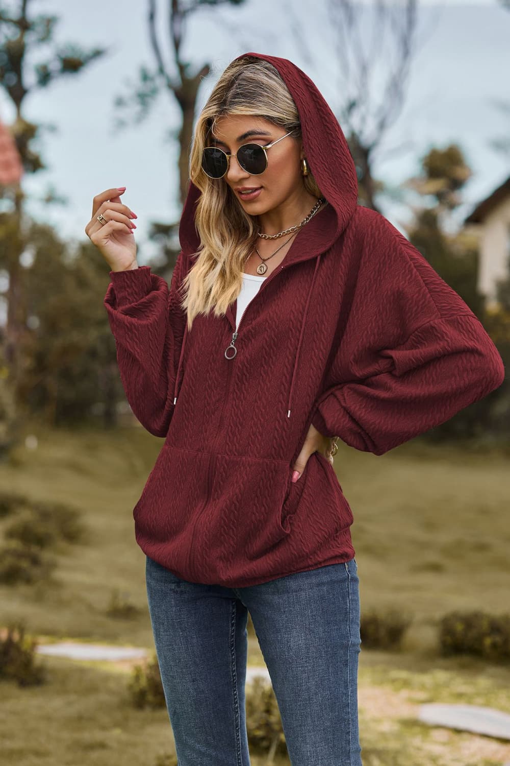 Cable-Knit Long Sleeve Hooded Jacket - Flyclothing LLC