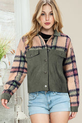 Plaid Collared Neck Button Down Jacket - Flyclothing LLC