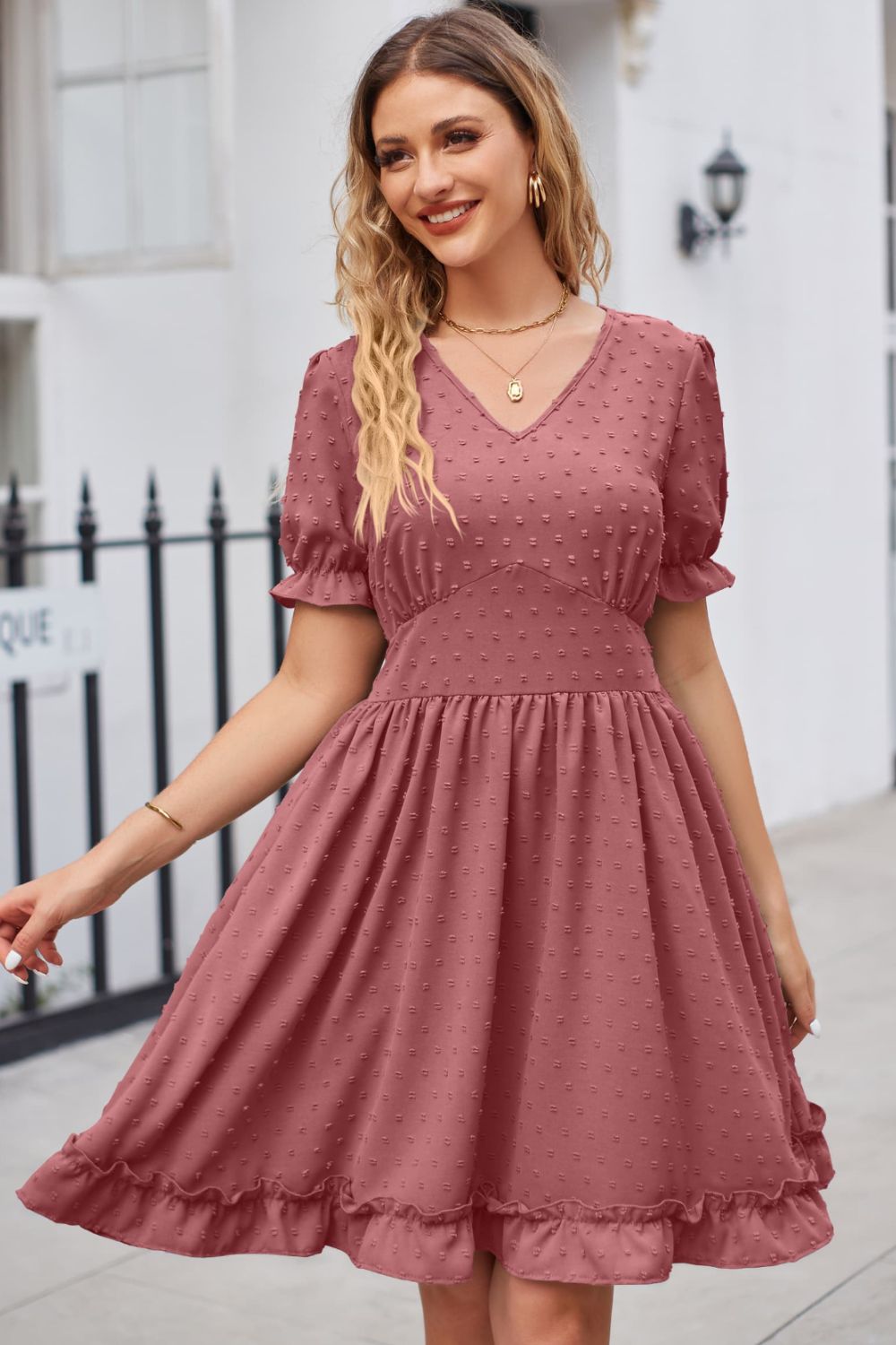 Swiss Dot Frill Trim Flounce Sleeve V-Neck Dress - Flyclothing LLC