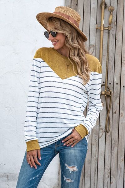 Striped Round Neck Long Sleeve T-Shirt - Flyclothing LLC