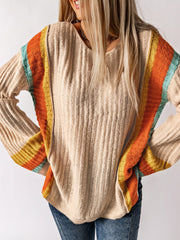 Striped Round Neck Long Sleeve Sweater - Flyclothing LLC