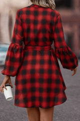 Plaid Tie Waist Balloon Sleeve Mini Dress - Flyclothing LLC