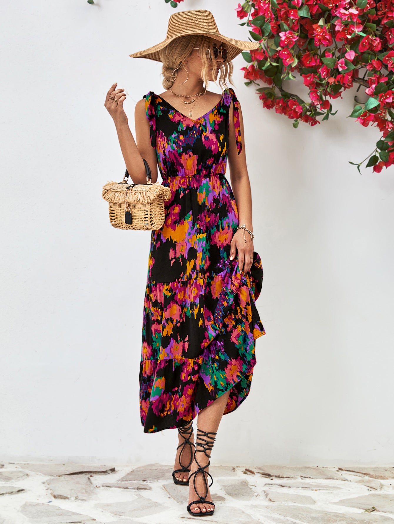 Multicolored V-Neck Backless Midi Dress - Flyclothing LLC