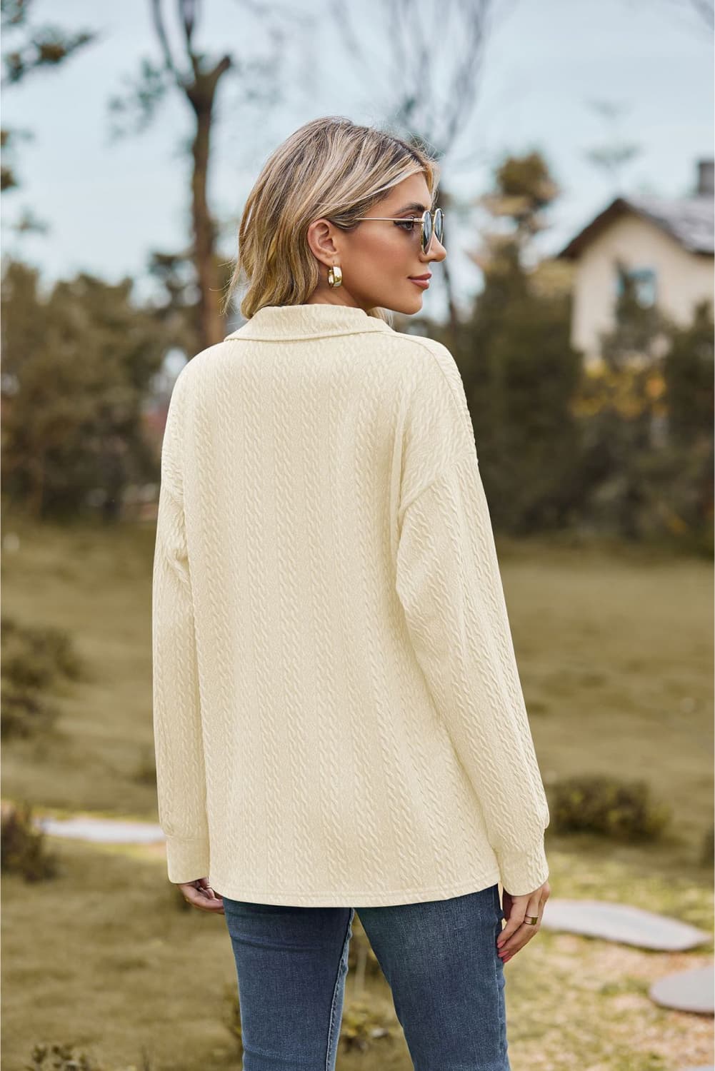 Collared Neck Cable-Knit Long Sleeve Blouse - Flyclothing LLC