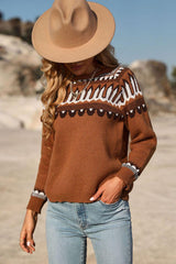 Sweet and Casual Patterned Round Neck Sweater - Flyclothing LLC