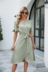 Tie Waist Flutter Sleeve Surplice Dress - Flyclothing LLC