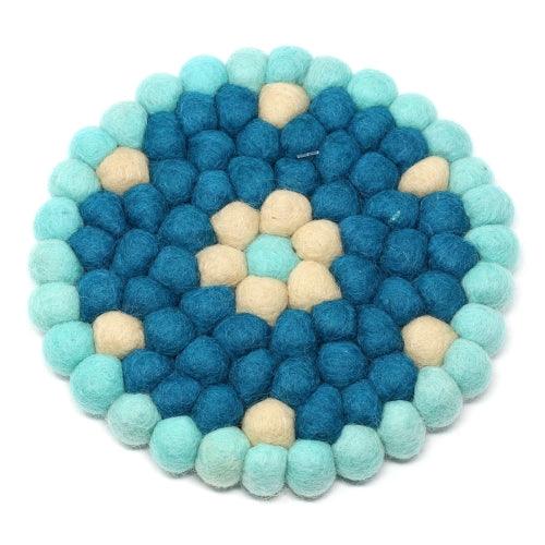 Hand Crafted Felt Ball Trivets from Nepal: Round Flower Design, Turquoise - Global Groove (T) - Flyclothing LLC