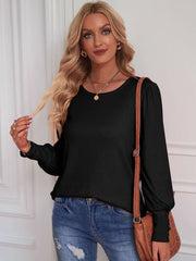 Round Neck Lantern Sleeve Blouse - Flyclothing LLC