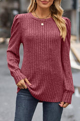 Ribbed Round Neck Long Sleeve Knit Top - Trendsi