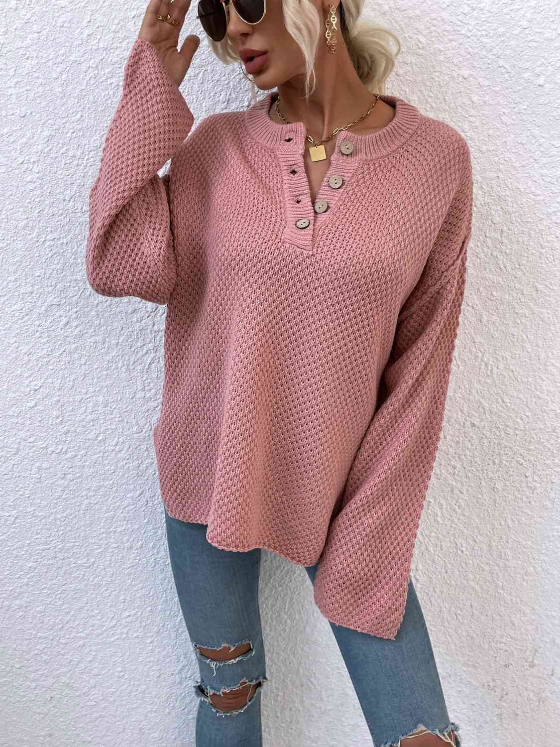 Quarter-Button Slit Sweater - Flyclothing LLC