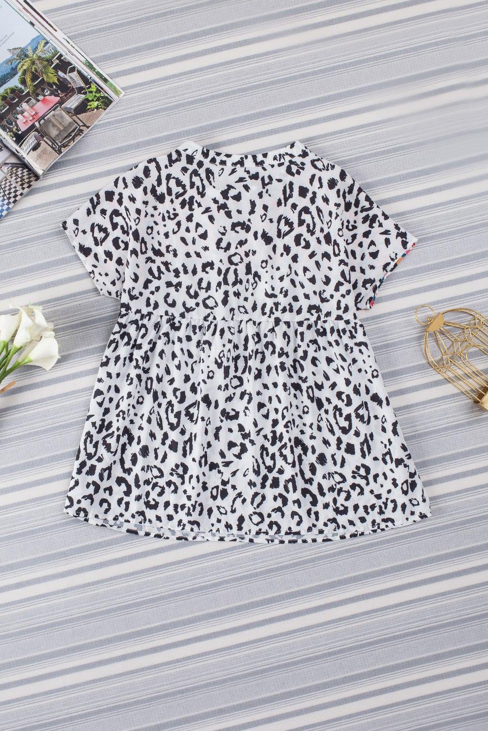 Leopard Tassel Tie Short Sleeve Top - Trendsi