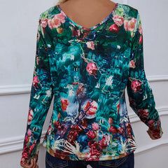 Printed V-Neck Long Sleeve Blouse - Flyclothing LLC