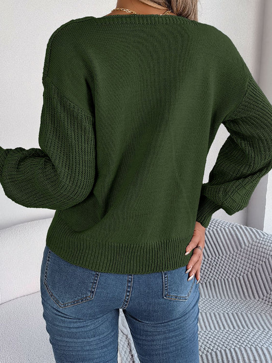 Square Neck Mixed Knit Sweater - Flyclothing LLC