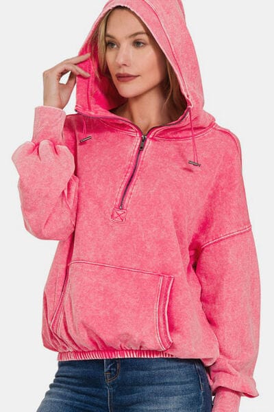 Zenana Drawstring Half Zip Dropped Shoulder Hoodie - Flyclothing LLC