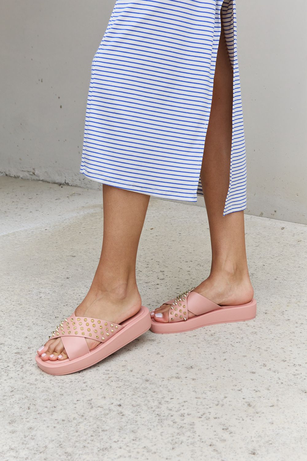 Forever Link Studded Cross Strap Sandals in Blush - Flyclothing LLC