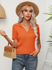 Cable-Knit Johnny Collar Short Sleeve Knit Top - Flyclothing LLC