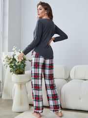 Buttoned Long Sleeve Top and Plaid Pants Lounge Set - Flyclothing LLC