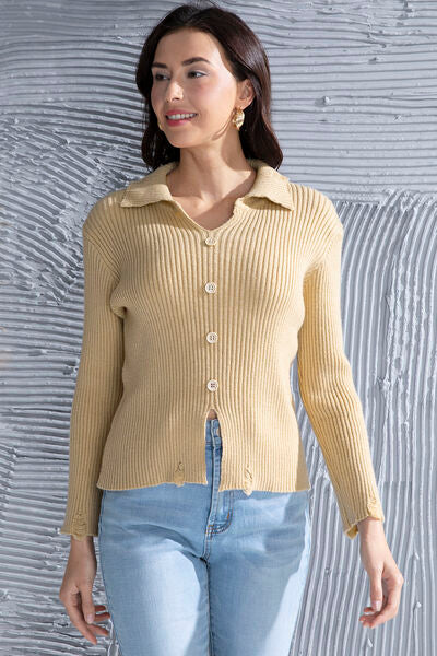 Ribbed Long Sleeve Slit Distressed Sweater - Flyclothing LLC