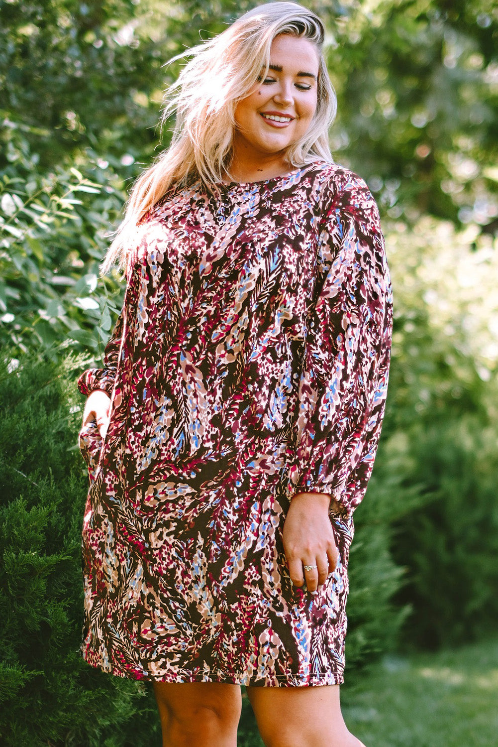 Plus Size Printed Round Neck Long Sleeve Mini Dress - Flyclothing LLC