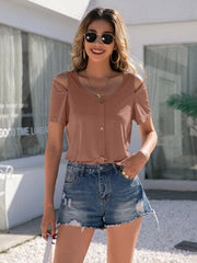 Decorative Button Round Neck Cold Shoulder T-Shirt - Trendsi