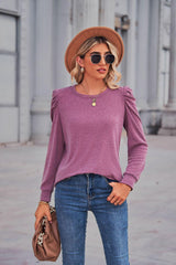 Heathered Puff Sleeve Round Neck Tunic Top - Trendsi